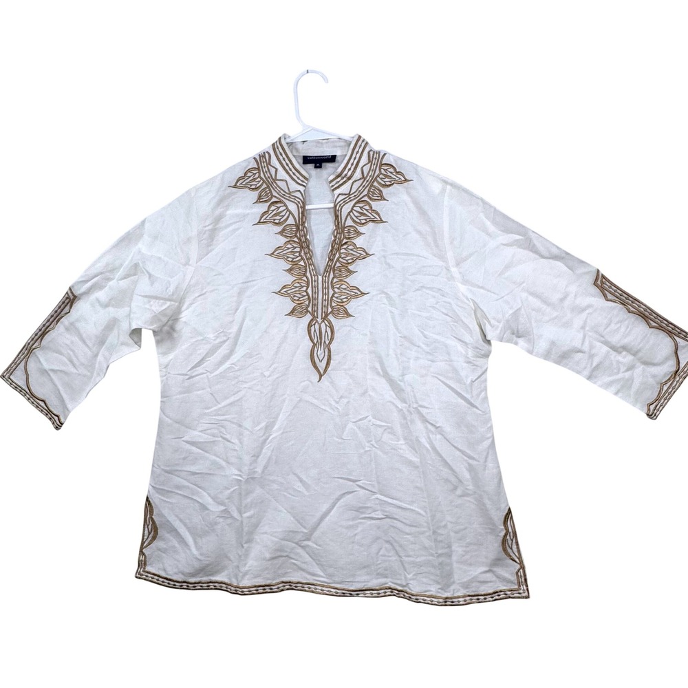 Cottonworld Tunic Top Women XL White Gold Embroidered Linen Blend Boho Coastal